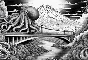 Octopus attacking a bridge with volcano in background erupting tattoo idea