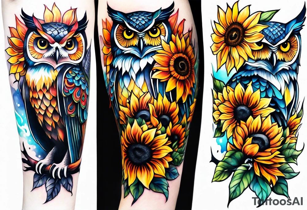 Leg sleeve with colorful sunflowers and an owl tattoo idea