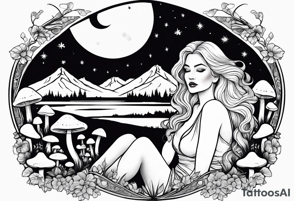 Chubby old blonde woman long hair thin lips surrounded by mushrooms crescent moon mountains background "GRACEFUL" tattoo idea