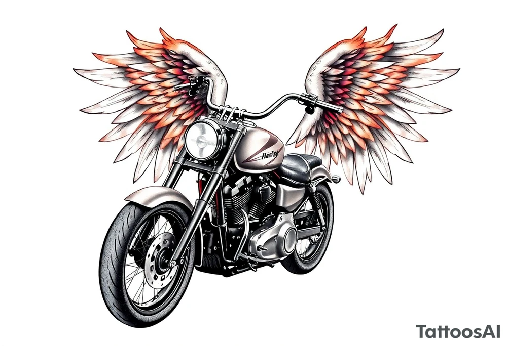 Harley grey motorcycle driving away, flames, angel wings tattoo idea
