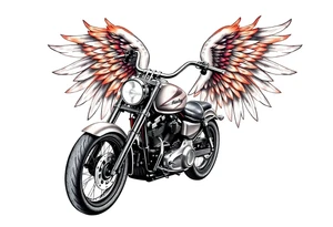 Harley grey motorcycle driving away, flames, angel wings tattoo idea