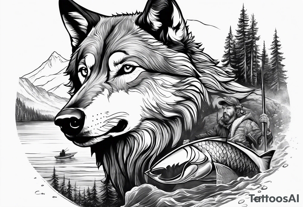 a fisherman with a wolf on a bank tattoo idea
