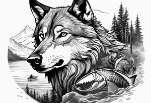 a fisherman with a wolf on a bank tattoo idea