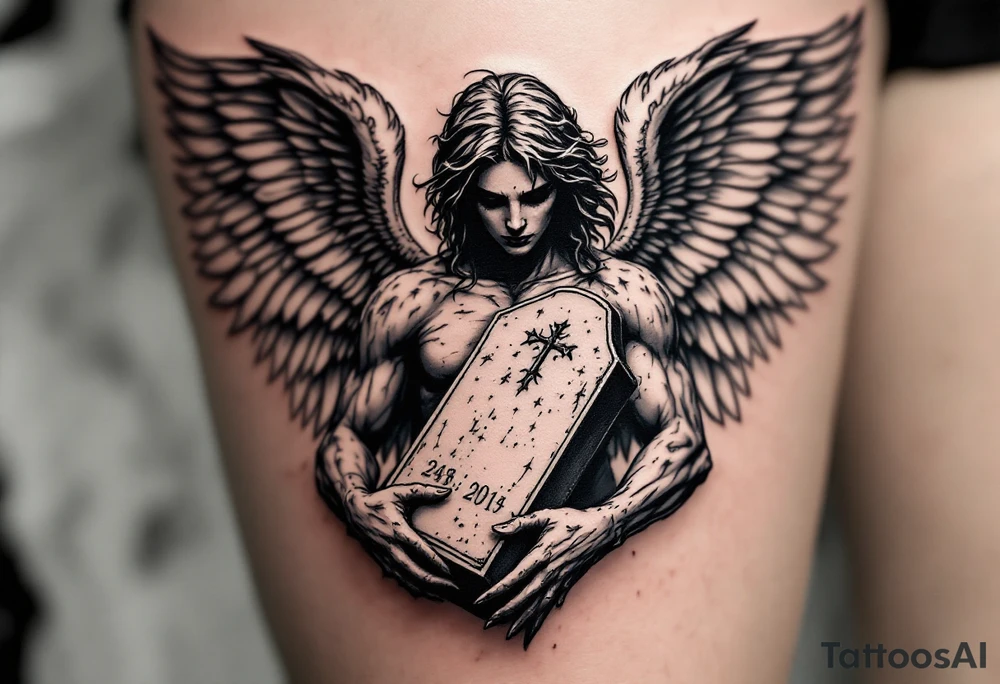 Angel holding headstone with large wings tattoo idea