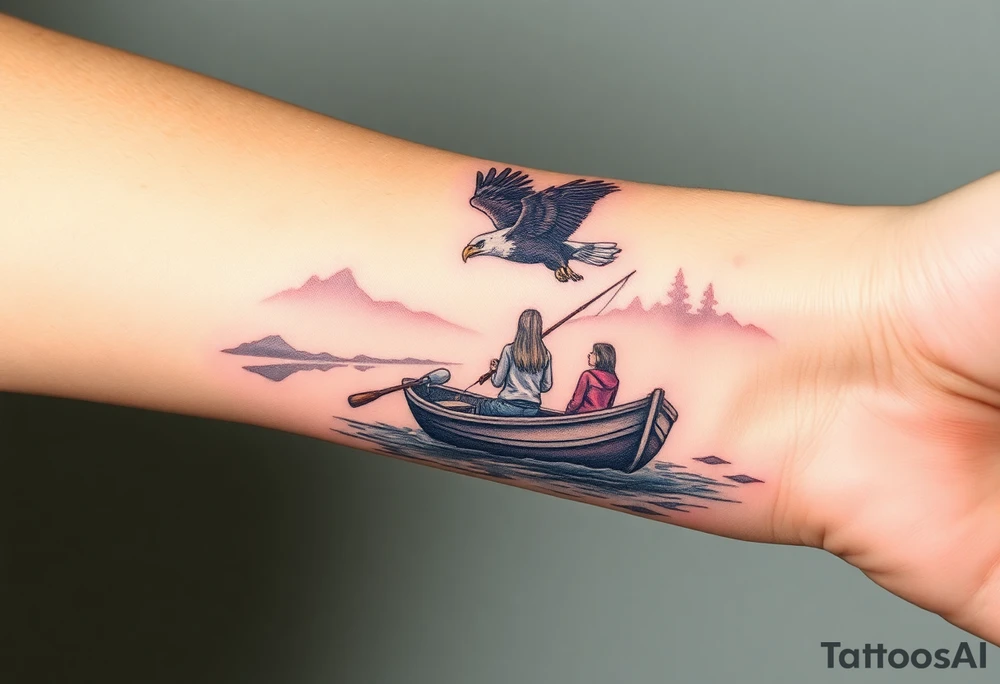 Northern scenic river with fishing boat with two with eagle flying in the sky and women and girl sitting on doc back facing tattoo idea