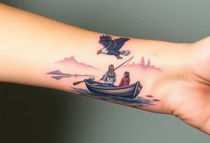 Northern scenic river with fishing boat with two with eagle flying in the sky and women and girl sitting on doc back facing tattoo idea