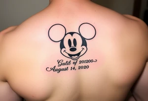 mickey mouse symbol with the name Galileo and the date August 14,2020, incorporated tattoo idea