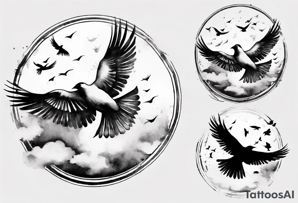 shoulder tattoo with light rays with birds flying free among the clouds, round shape, 3d effect tattoo idea