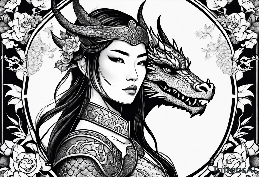 beautiful warrior woman wearing dragon armor and a floral background and a dragon a full picture tattoo idea