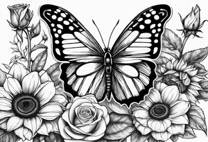 sunflower, camera, flower rose , book, butterfly tattoo idea