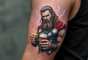 Fat Thor from Endgame holding a beer and Stormbreaker, with sparks of lightning around him in a humorous yet detailed tattoo design. tattoo idea