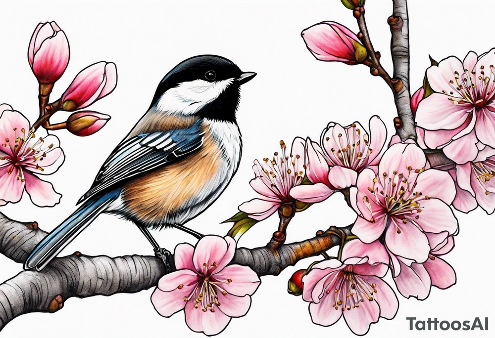 Chickadee on cherry blossom branch tattoo idea