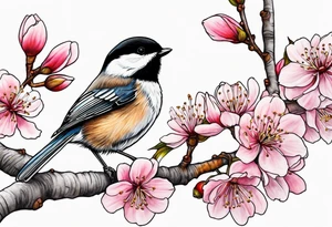 Chickadee on cherry blossom branch tattoo idea