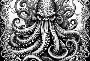 Kraken octopus wrapping tentacles Poseidon thrusting trident stormy sea tattoo idea