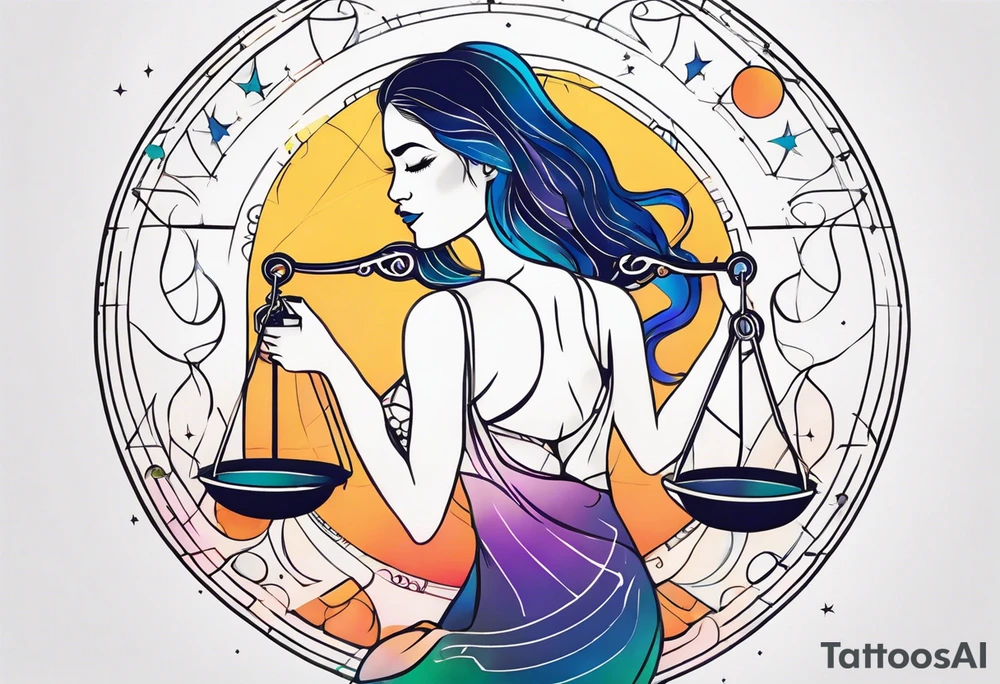 Libra woman holding scales with a night zodiac background including a half moon that encircles half of the woman with vibrant colors tattoo idea