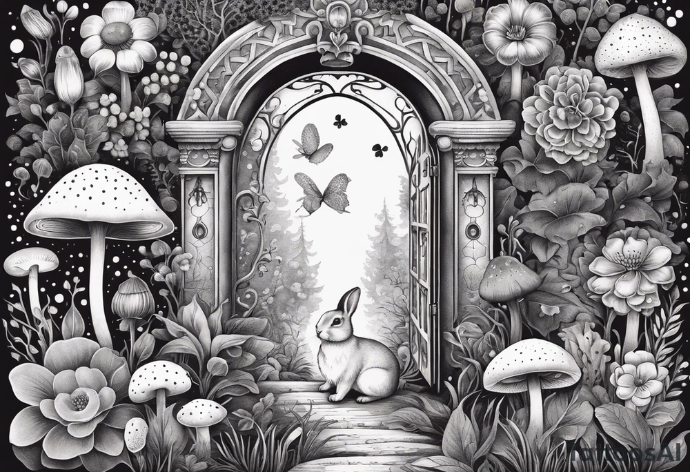 Mystical garden with door and potions and a rabbit and flowers and mushrooms tattoo idea