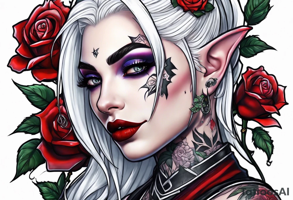 night elf designed like harley quin with white hair and roses tattoo idea