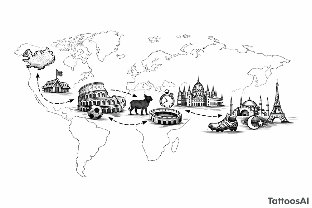 A football journey no crests
A fine-line world map or stylized route connecting Iceland ➔ Italy ➔ Spain ➔ Turkey ➔ Hungary ➔ France, with minimalist markers for each club. tattoo idea