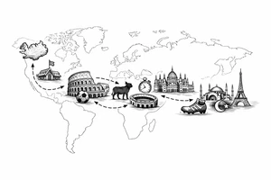 A football journey no crests
A fine-line world map or stylized route connecting Iceland ➔ Italy ➔ Spain ➔ Turkey ➔ Hungary ➔ France, with minimalist markers for each club. tattoo idea