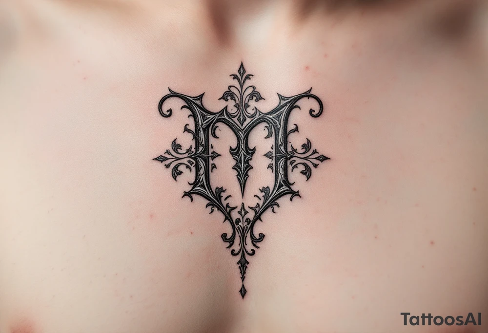 A medieval "M" in steel gray with engraved ornamental flourishes. tattoo idea
