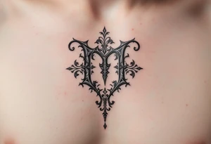 A medieval "M" in steel gray with engraved ornamental flourishes. tattoo idea