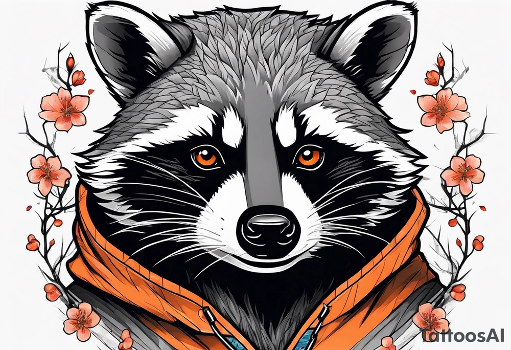 raccoon wearing a black and white Superman hoodie and orange Japanese cherry blossoms tattoo idea