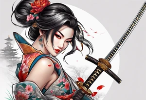 samuri with katana on top of a japanese beauty female tattoo idea