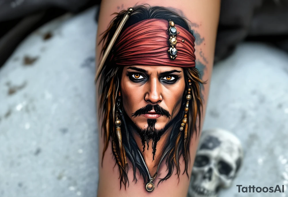 A dramatic portrait of Jack Sparrow with his signature wild hair and beaded braids. His face is full of personality, with his dark brown eyes and iconic mustache, all framed by a shadowy ocean background. Deep brown for hair, black and gray for the details, tan for the skin, with subtle hints of sea green and golden highlights. tattoo idea