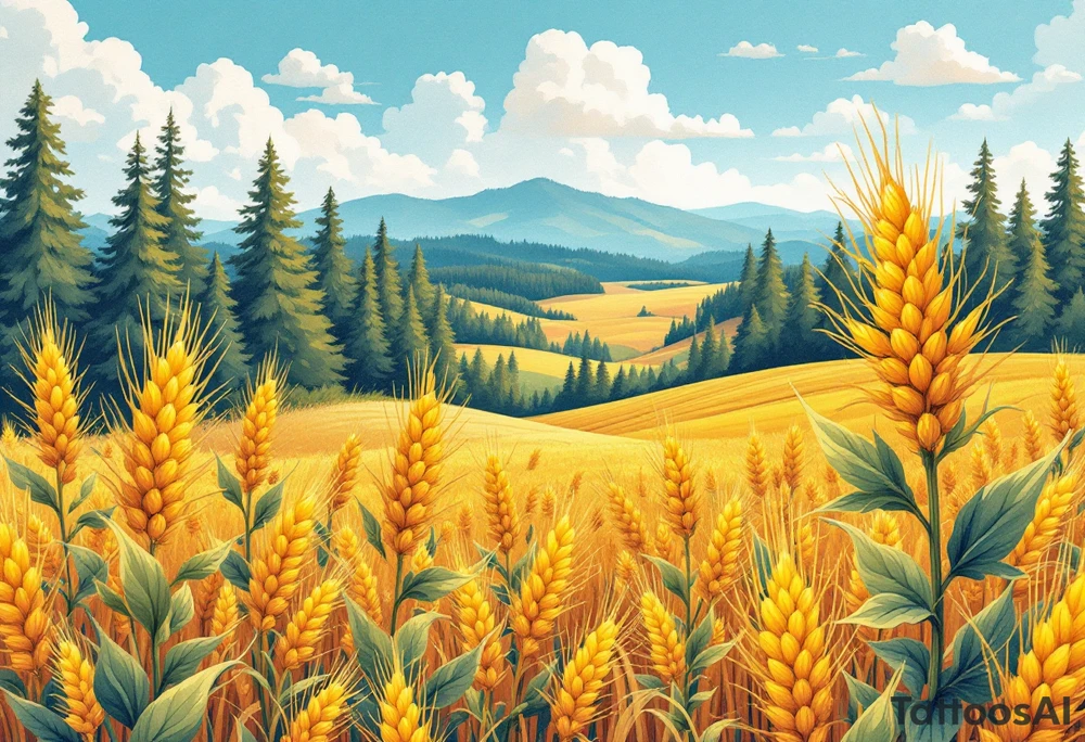 A golden wheat field, beer hop cone and coniferous forest under a blue sky, capturing the beauty of the Czech countryside and prosperity. tattoo idea