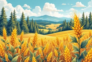 A golden wheat field, beer hop cone and coniferous forest under a blue sky, capturing the beauty of the Czech countryside and prosperity. tattoo idea