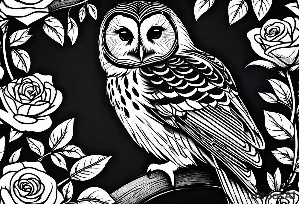 Barred owl with a single rose tattoo idea
