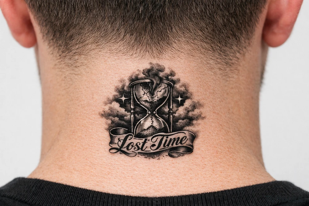 Black and grey realism tattoo design of a cracked, shattered hourglass centered in dark heavy clouds. Sand and dark smoke floating upward out of the glass. Custom gothic script lettering that says "Lost Time" wrapped around the base. Chicano style shading, deep blackwork background, sharp 4-point sparkle stars, high contrast, clean white background, tattoo stencil style. Put on the throat not the back of neck tattoo idea