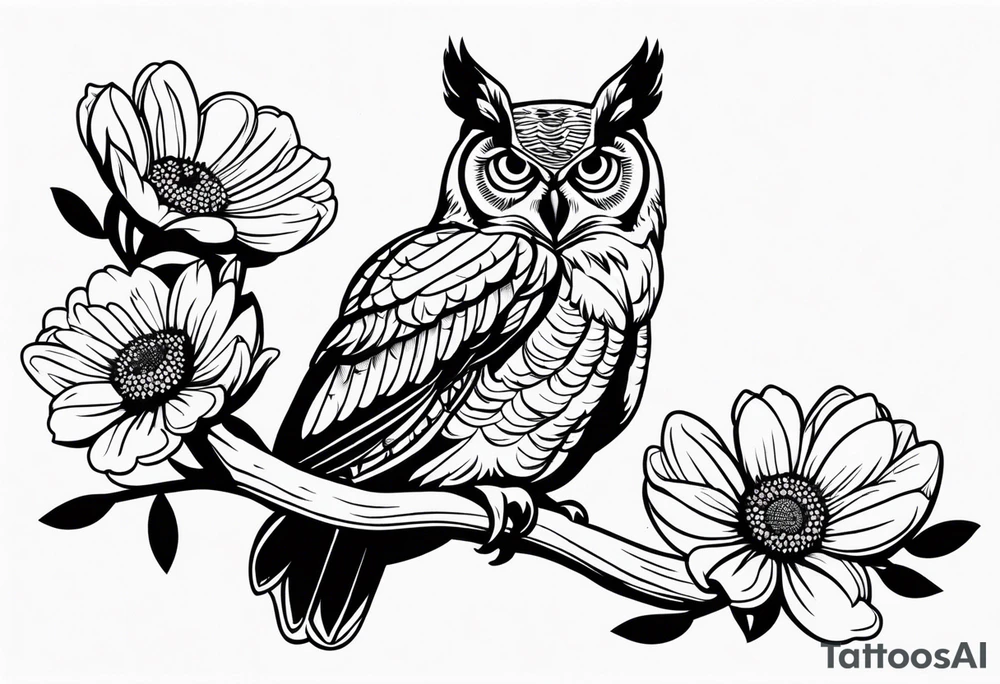 Great horned owl on a branch with coneflowers surrounding tattoo idea