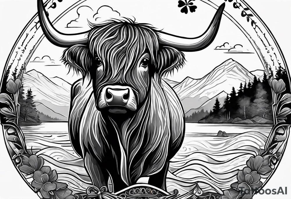 A highland cow that has a bandana with a shamrock around its neck is riding on the back of Nessie tattoo idea