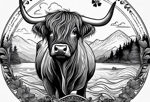 A highland cow that has a bandana with a shamrock around its neck is riding on the back of Nessie tattoo idea