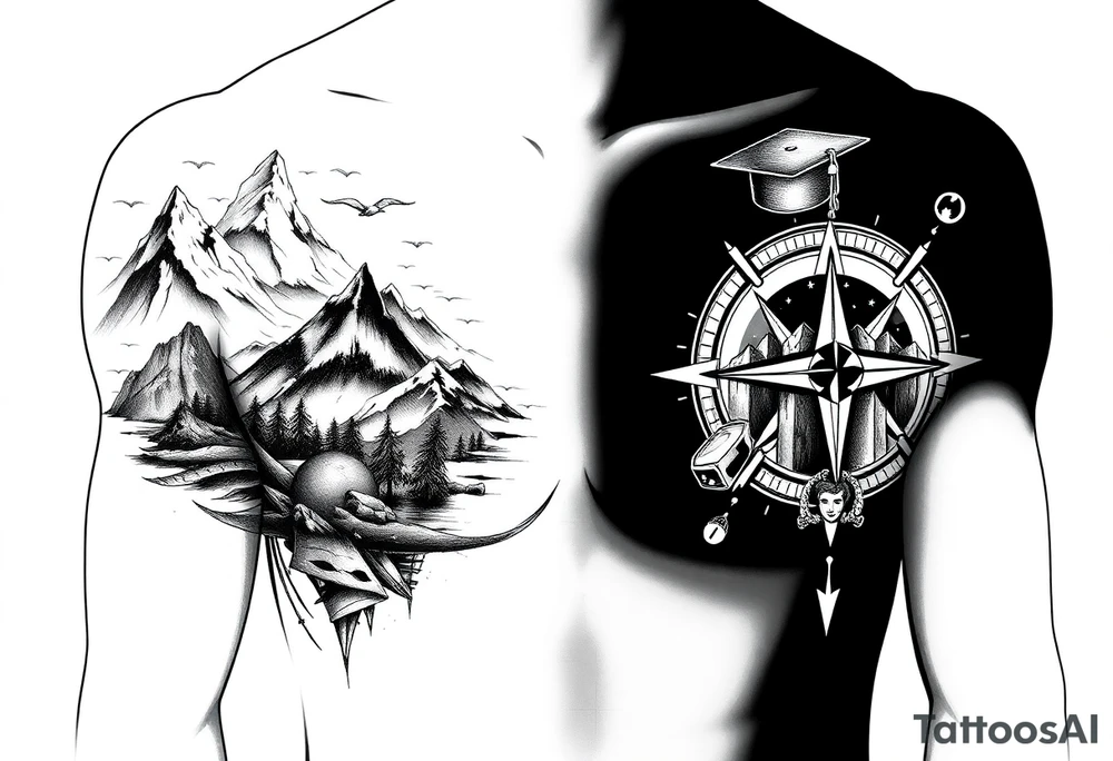 The tattoo should represent a journey from youthful enthusiasm to mature wisdom. On one side, depict the adventurous spirit of youth with imagery like rugged landscapes and exploration scenes. On the other side, reflect maturity and life experiences such as military service, career milestones, love, and family, using symbols like a graduation cap, military insignia, briefcase, wedding ring, and family.

Incorporate themes of continuous learning and self-discovery, with elements of self-love, familial bonds, community, and empathy. Contrast natural landscapes with man-made structures to symbolize the balance between nature and technology. The design should flow from left (youth) to right (maturity) and be rendered in black and white.

This will be on my right shoulder cap into my right pec. On my right pec I have an existing tattoo that is a compass with mountains in them. tattoo idea