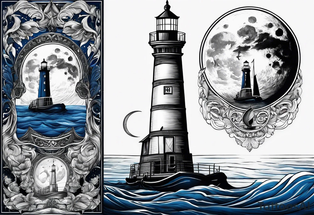 bateau, phare maritime et lune bleu tattoo idea