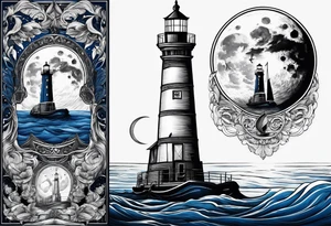 bateau, phare maritime et lune bleu tattoo idea