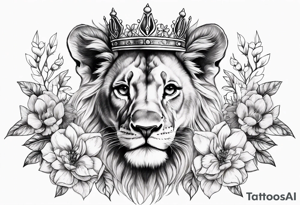 Lion Cub with crown and flowers tattoo idea