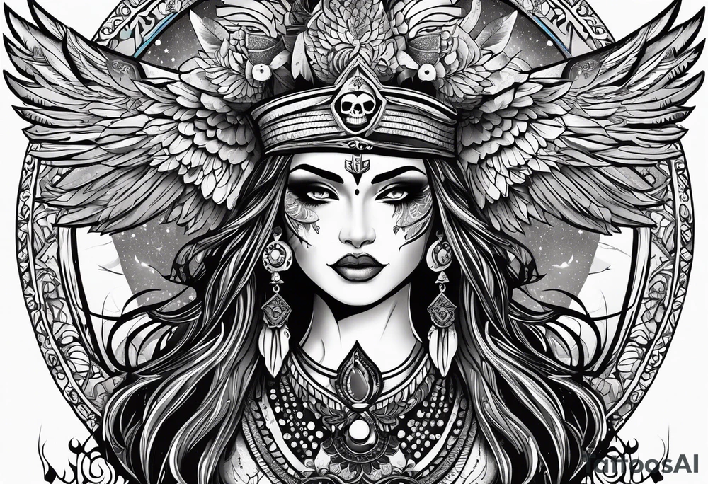 black kali, goddess pirate, pachamama, valkrye, warrior, skull, lotus azul, wing, eagle, zenza resonance, stars tattoo idea