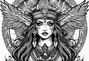 black kali, goddess pirate, pachamama, valkrye, warrior, skull, lotus azul, wing, eagle, zenza resonance, stars tattoo idea