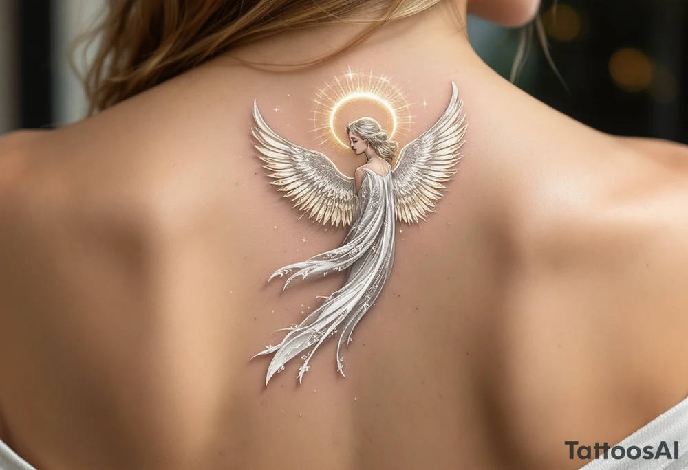 A majestic guardian angel with soft, flowing wings. The angel’s robe is made of delicate white and silver filigree patterns, flowing like silk in the wind. A radiant halo of soft golden light hovers above its head, casting a gentle glow. tattoo idea