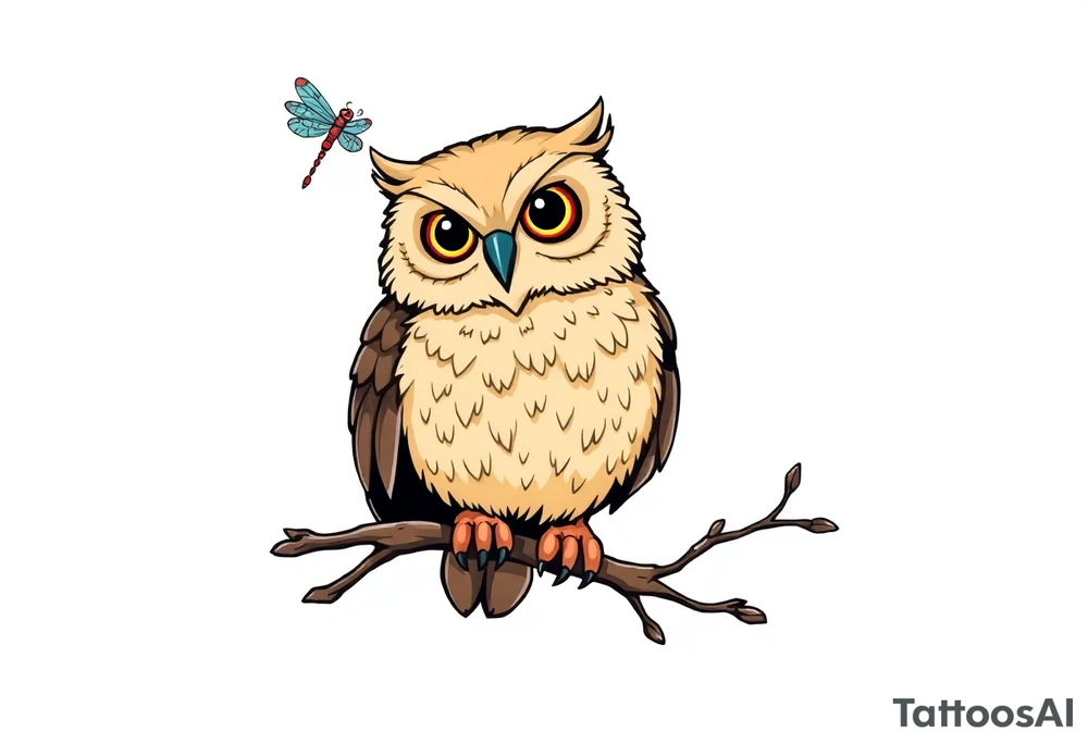 Cartoon style owl, perched on a branch, dragonfly in the background tattoo idea