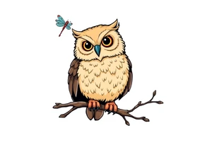 Cartoon style owl, perched on a branch, dragonfly in the background tattoo idea