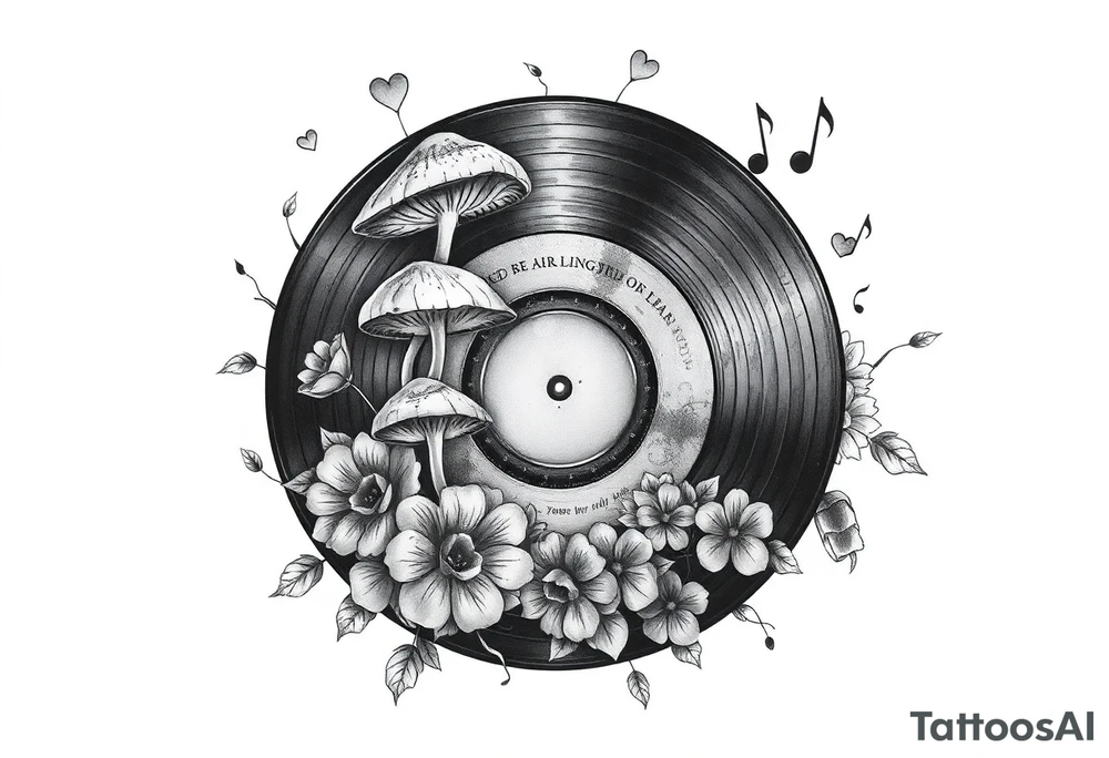 vinyl record with mushrooms, flowers, hearts, and music notes tattoo idea