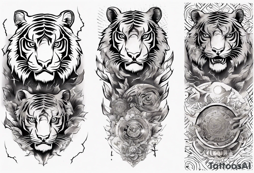 Ancient tiger with lightning and a sun for a forearm sleeve. With patterns surrounding it tattoo idea