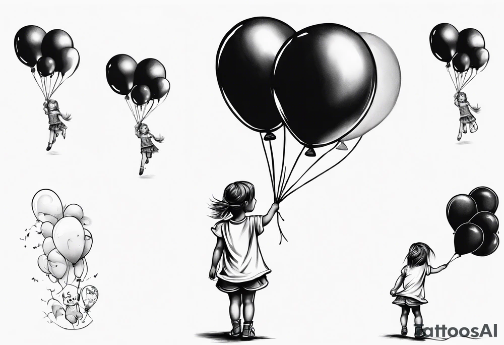 Little girl holding on to balloons and wearing a T-shirt saying ‘dream’ , going up to the sky tattoo idea