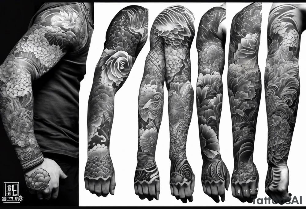 High contrast black and grey Japanese full arm sleeve tattoo idea