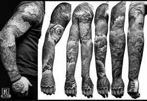 High contrast black and grey Japanese full arm sleeve tattoo idea