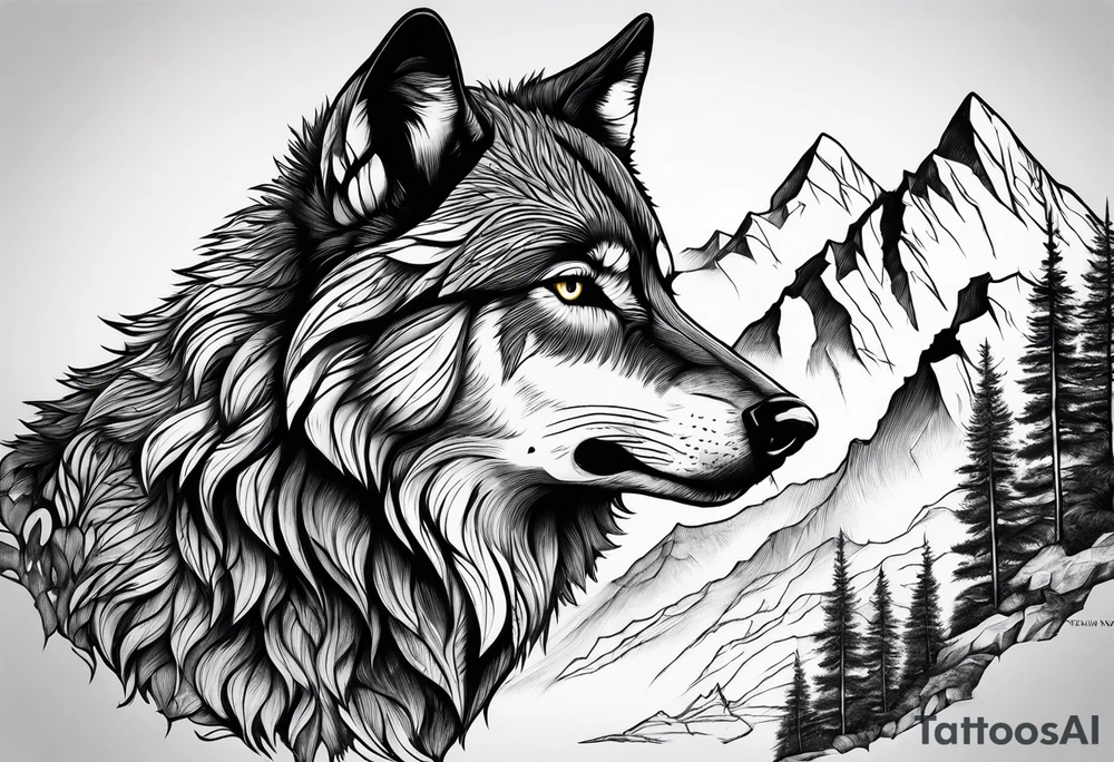Mountains, wolf in it tattoo idea